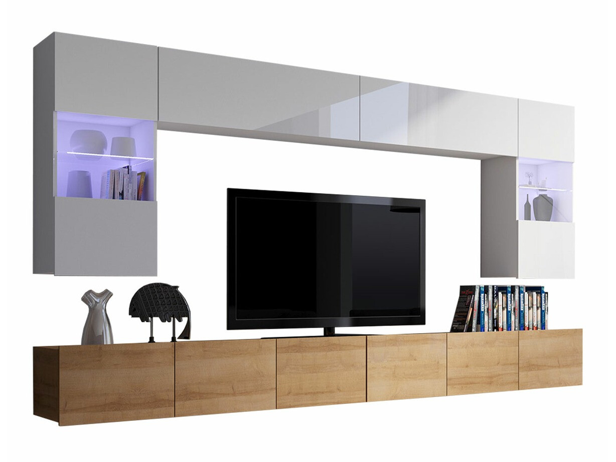 Set de living Tivdalu 105 (Stejar auriu + Alb + Alb lucios)