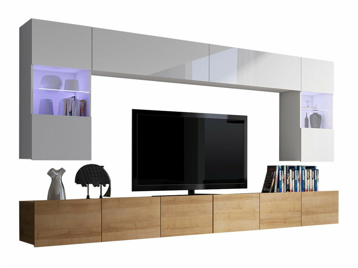 Set de living Tivdalu 105 (Stejar auriu + Alb + Alb lucios)