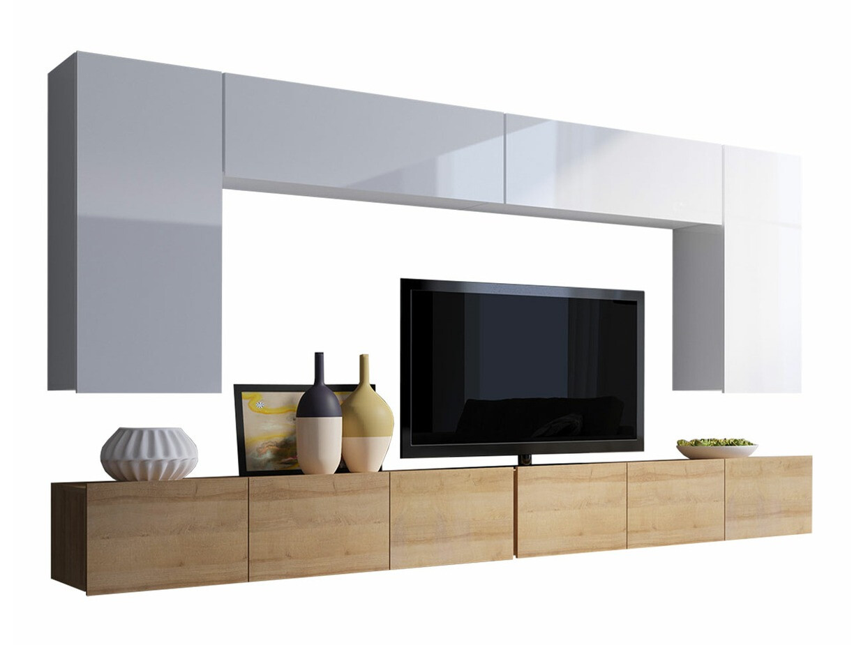 Set de living Tivdalu 135 (Stejar auriu + Alb + Alb lucios)