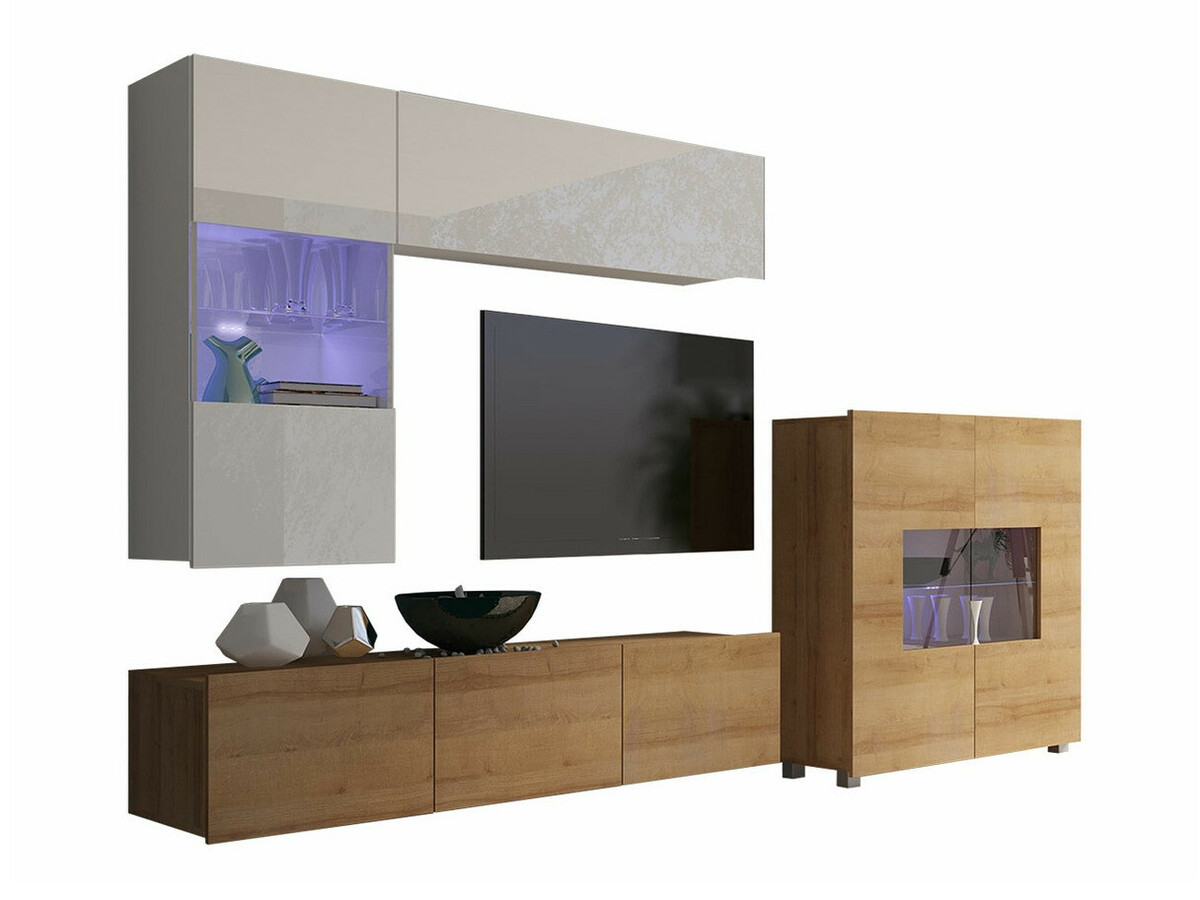 Set de living Tivdalu 107 (Stejar auriu + Alb + Alb lucios)