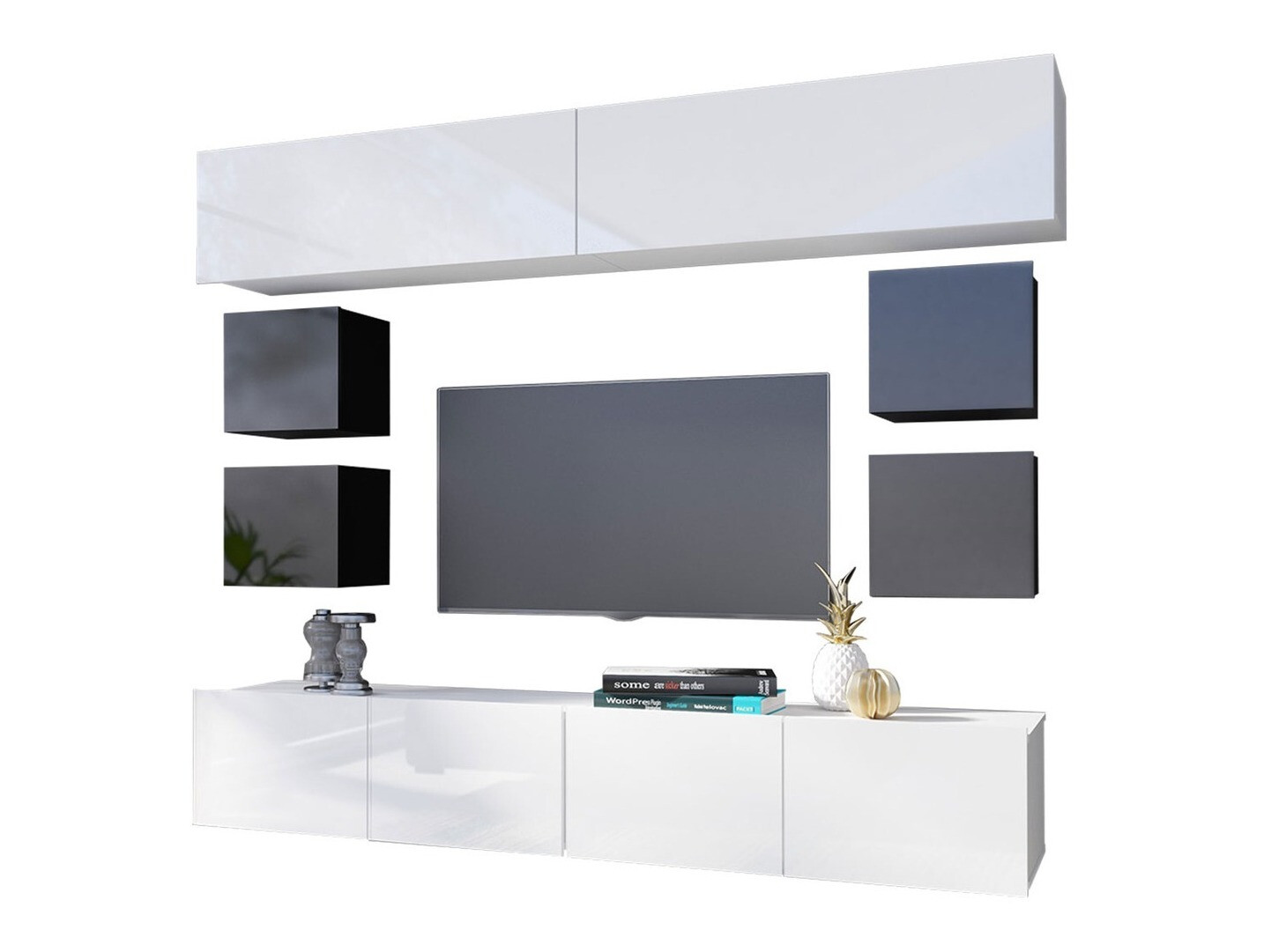 Set de living Tivdalu 134 (Negru + Negru lucios + Alb + Alb lucios)