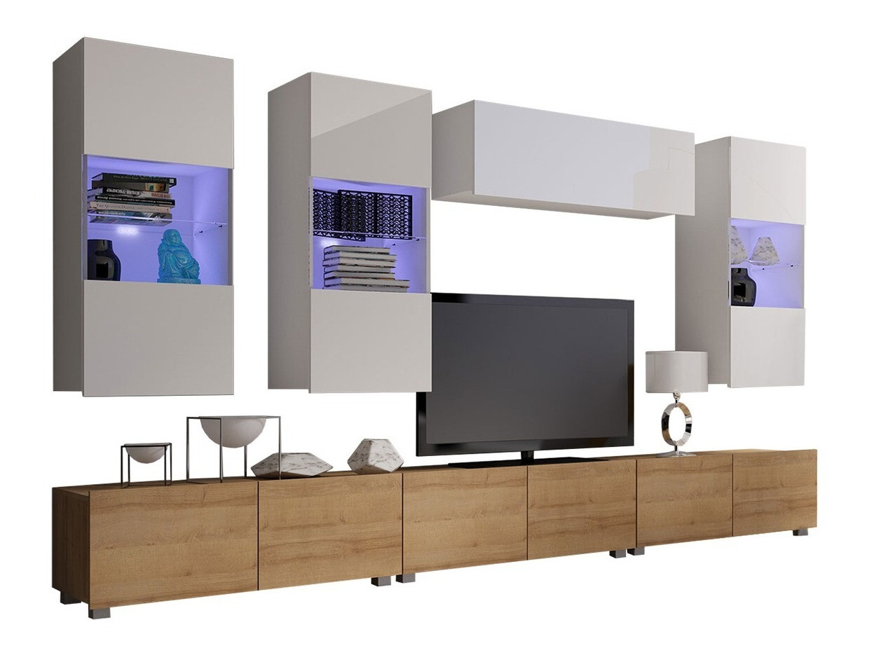 Set de living Tivdalu 121 (Stejar auriu + Alb + Alb lucios)