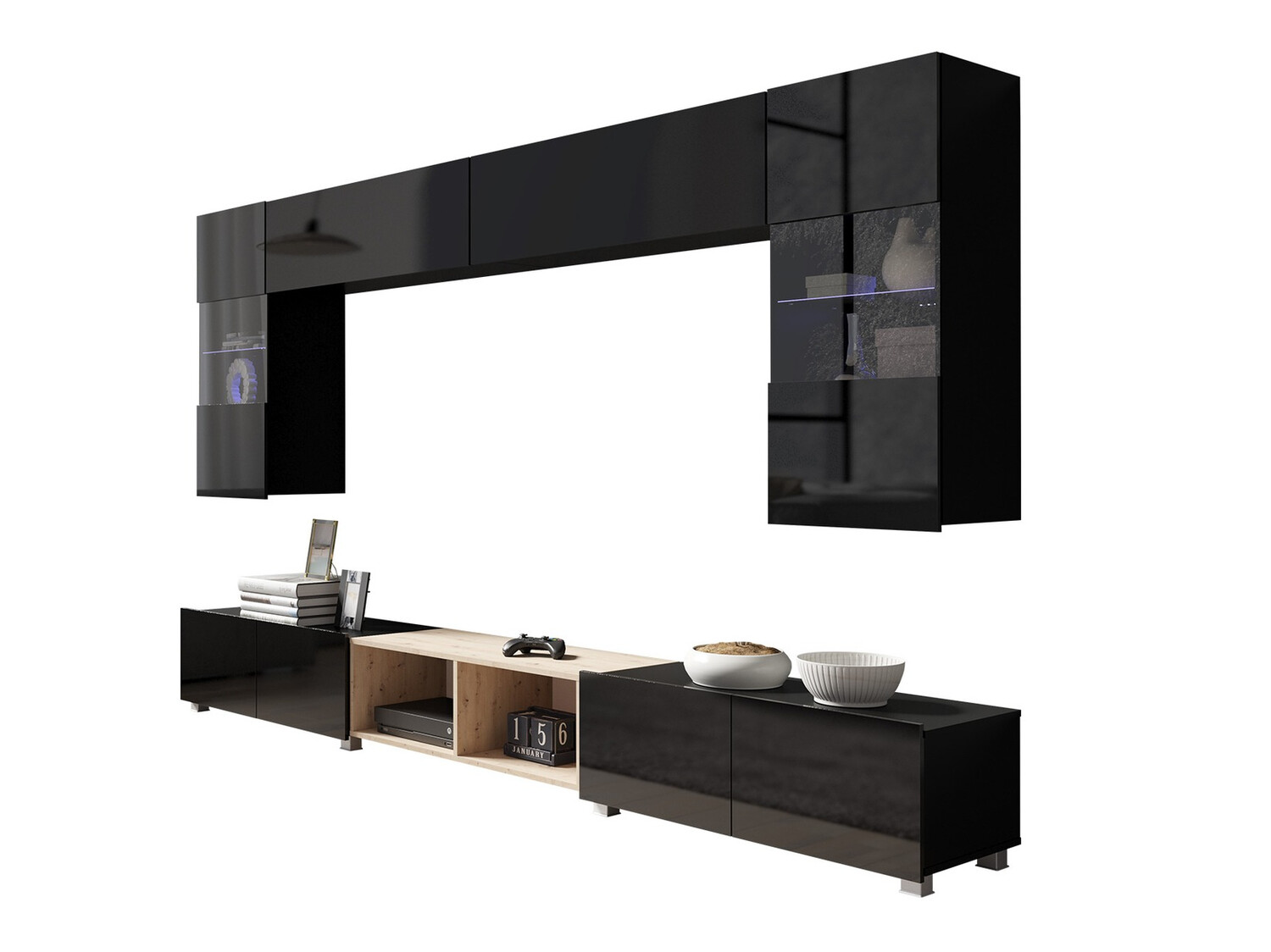 Set de living Remus XXIV (Negru + Negru lucios + Stejar artizan)