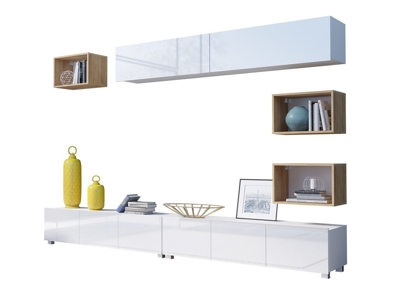 Set de living Remus XXXI (Alb + Alb lucios + Stejar auriu)