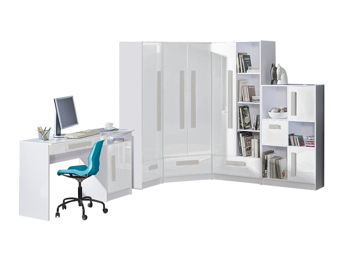 Set pentru camera copiilor Merevari 107 (Alb + Alb lucios + Gri)