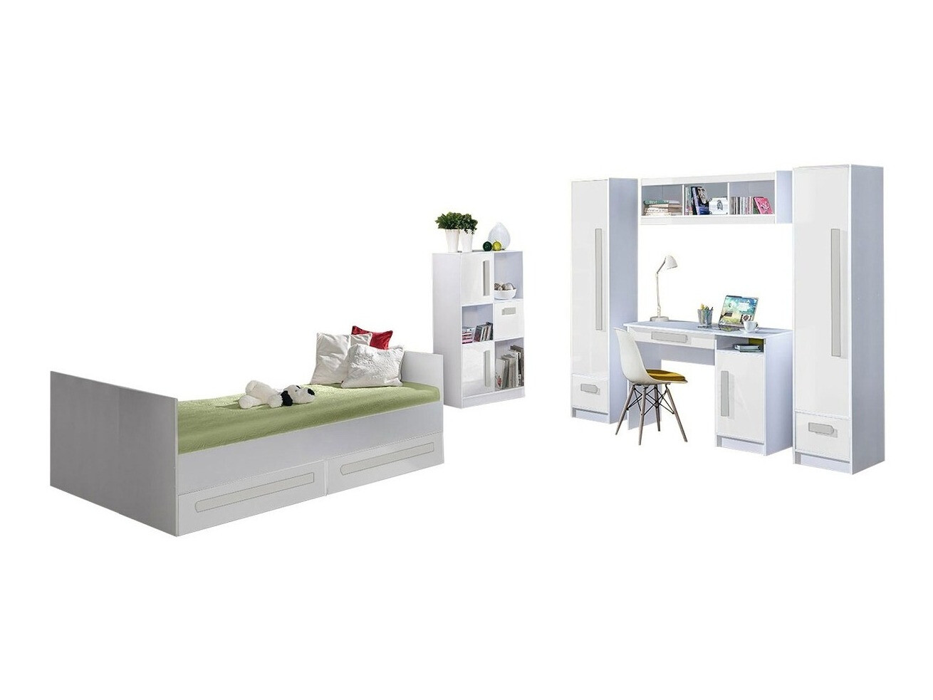 Set pentru camera copiilor Merevari 108 (Alb + Alb lucios + Gri)