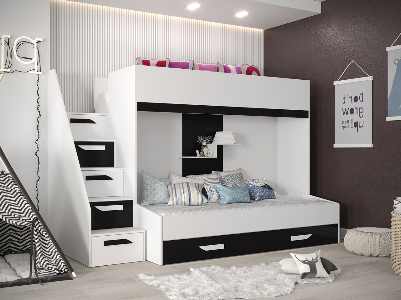 Pat supraetajat Hartford 356 (Alb + Negru lucios + Alb lucios)