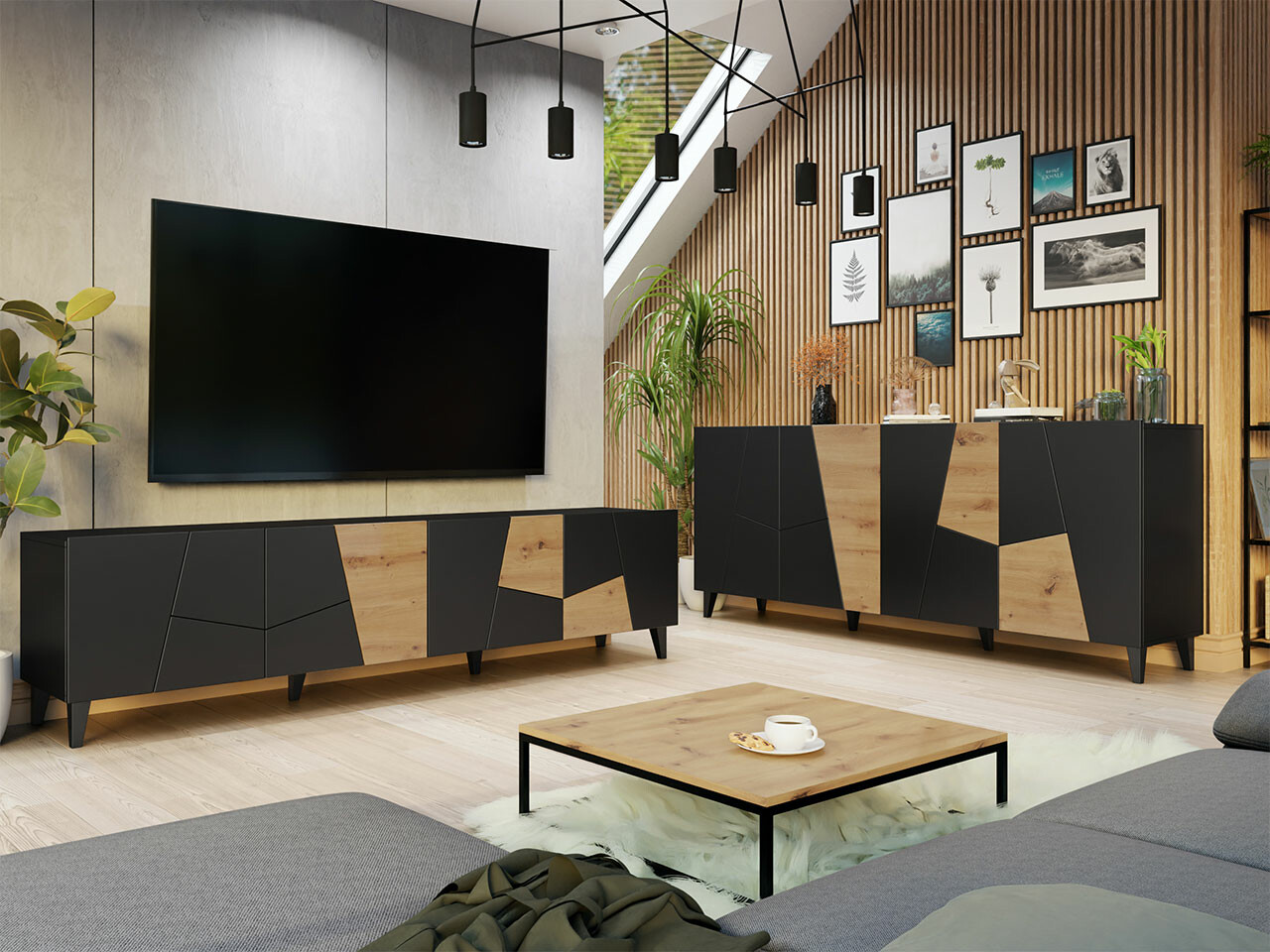 Set de living Charlotte 182 (Negru + Craft stejar)