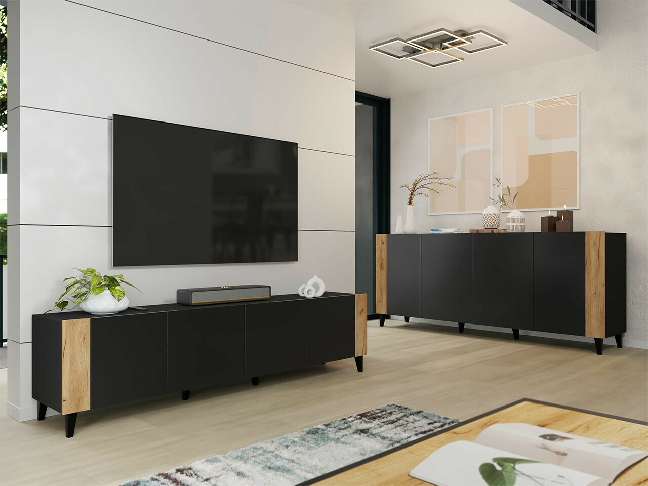 Set de living Charlotte 185 (Negru + Craft stejar)