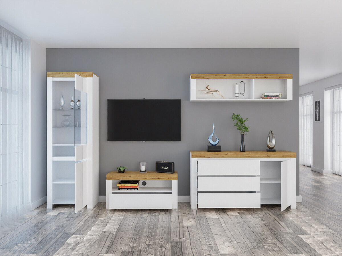 Set de living Sonsoru 144 (Alb + Alb lucios + Stejar Wotan)