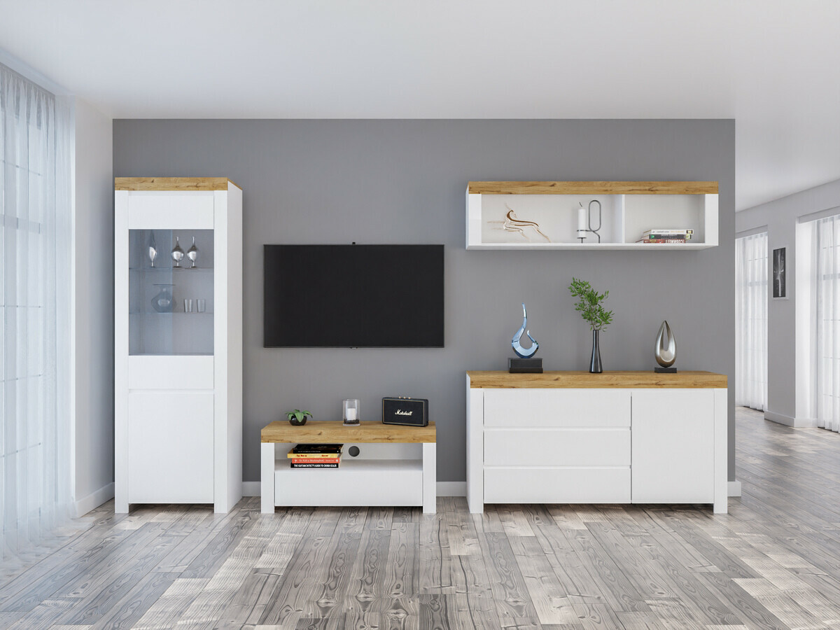 Set de living Sonsoru 144 (Alb + Alb lucios + Stejar Wotan)