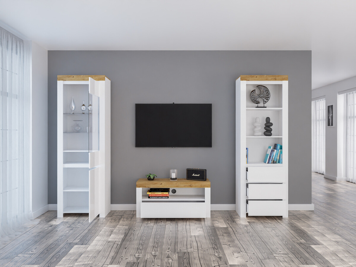 Set de living Sonsoru 145 (Alb + Alb lucios + Stejar Wotan)