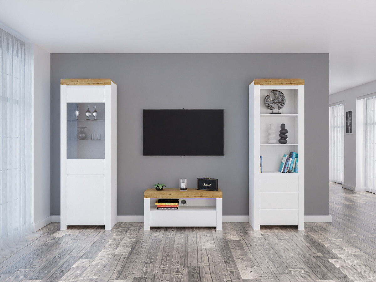 Set de living Sonsoru 145 (Alb + Alb lucios + Stejar Wotan)