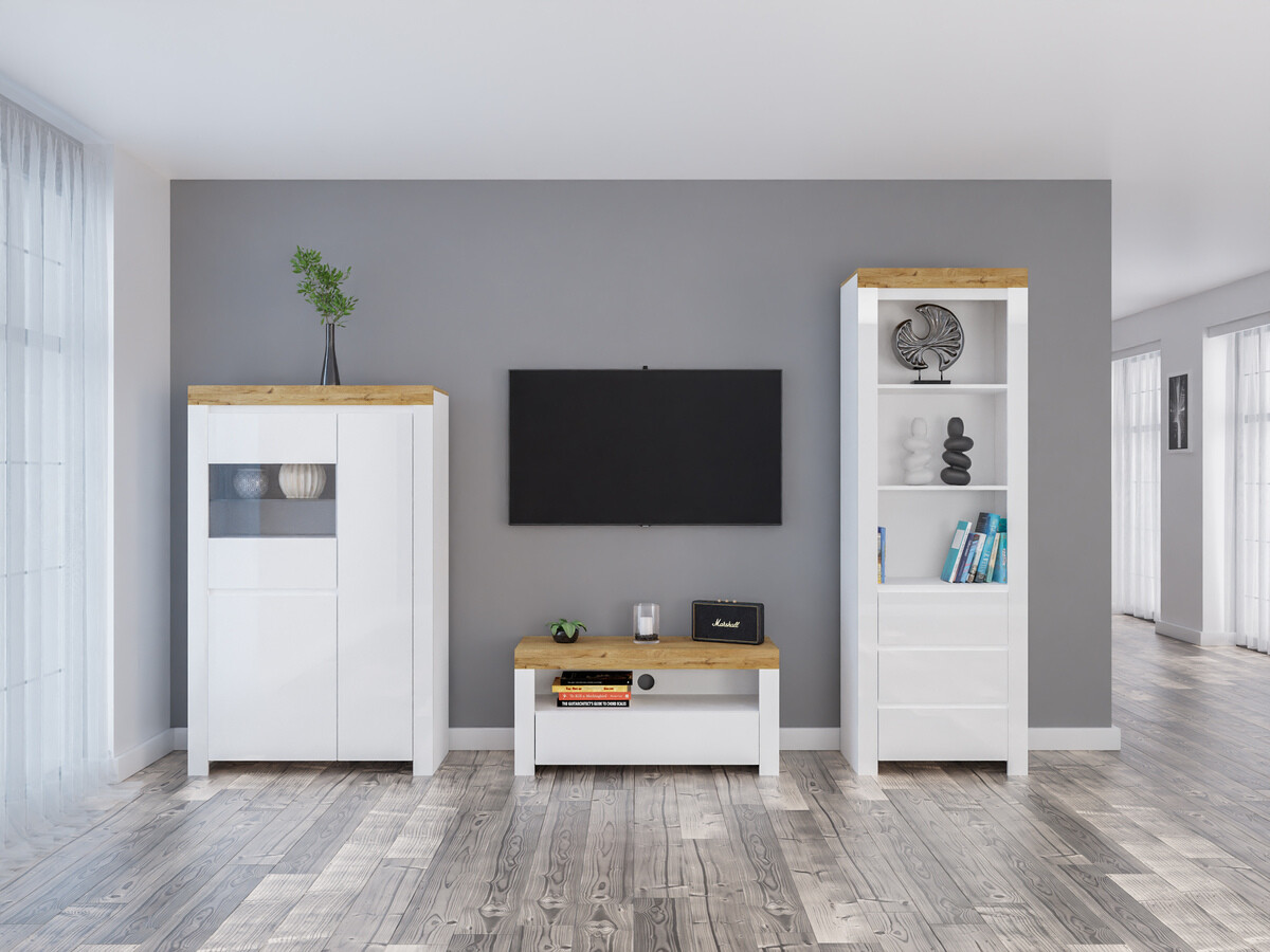 Set de living Sonsoru 146 (Alb + Alb lucios + Stejar Wotan)