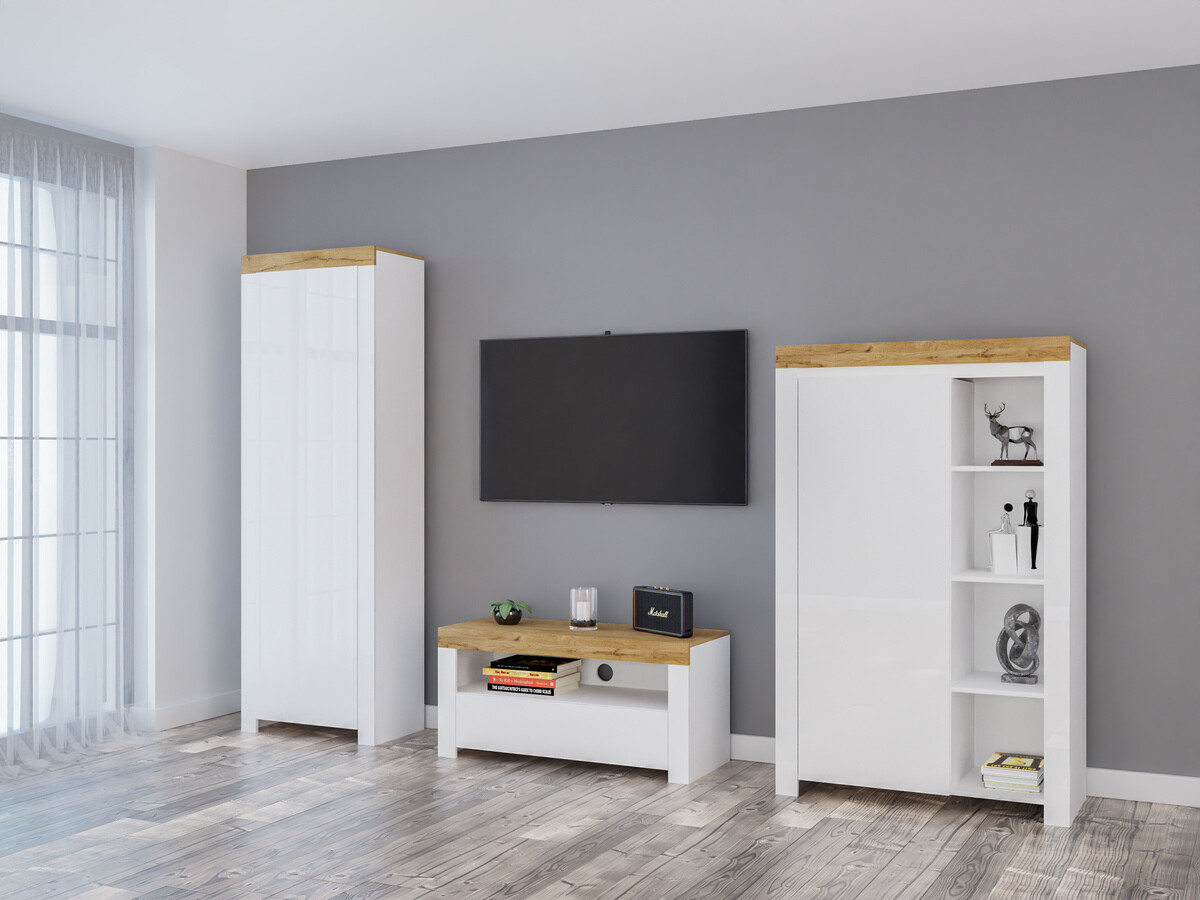 Set de living Sonsoru 147 (Alb + Alb lucios + Stejar Wotan)