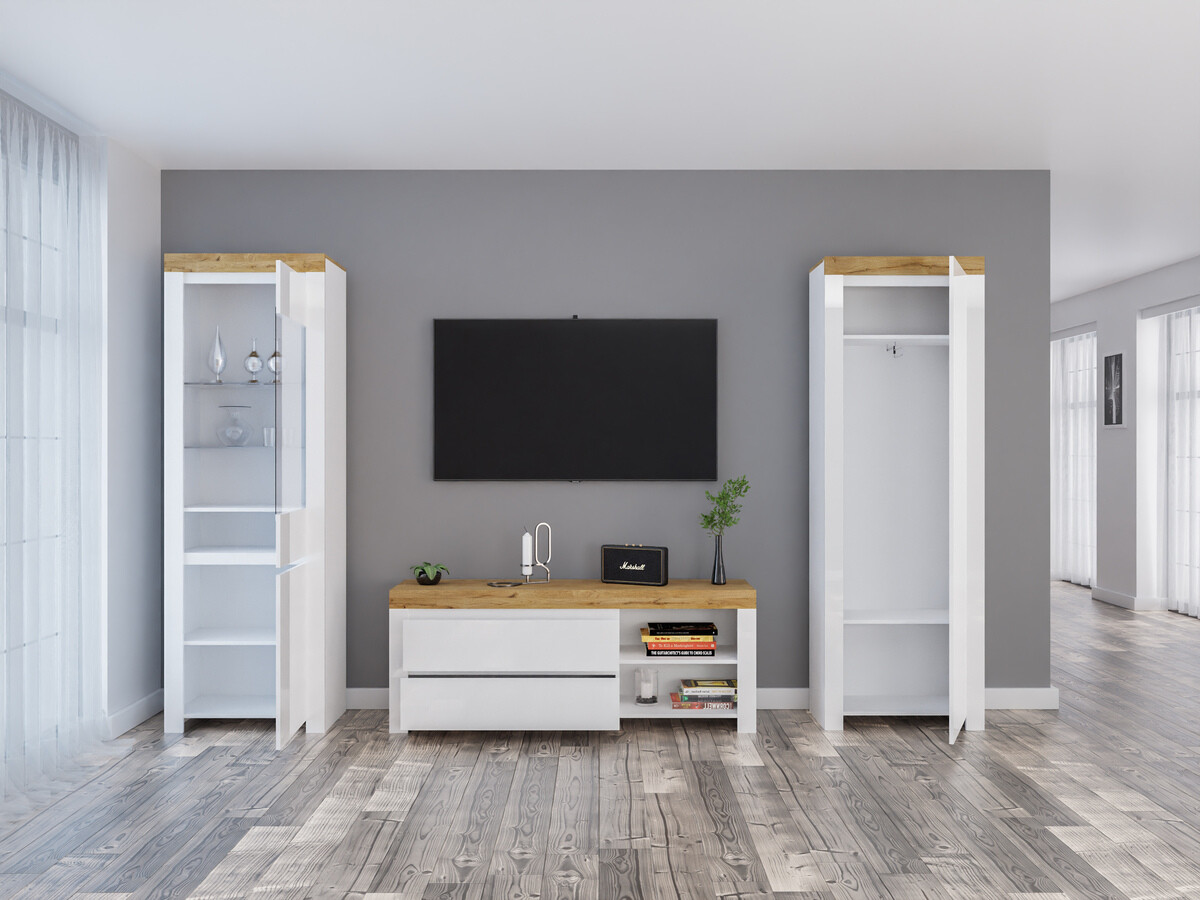 Set de living Sonsoru 148 (Alb + Alb lucios + Stejar Wotan)