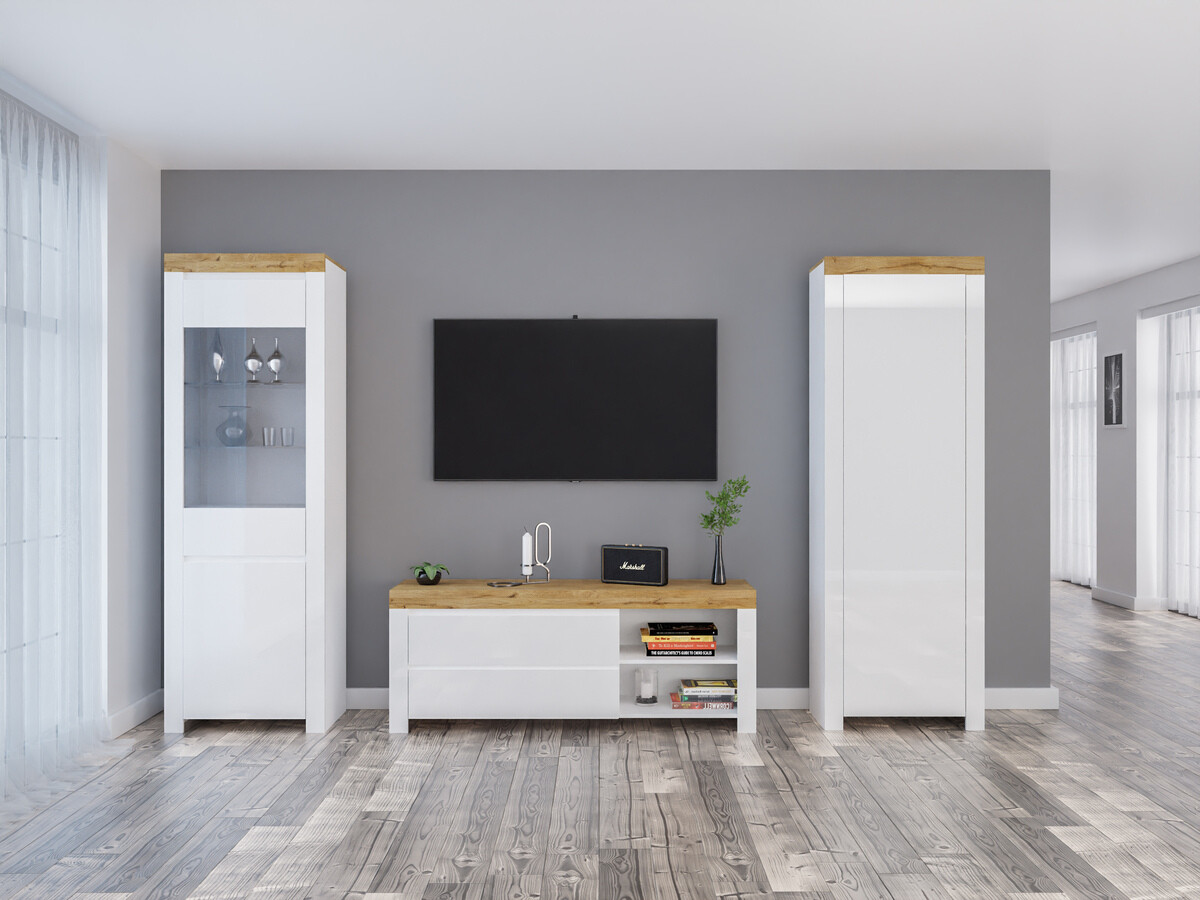 Set de living Sonsoru 148 (Alb + Alb lucios + Stejar Wotan)