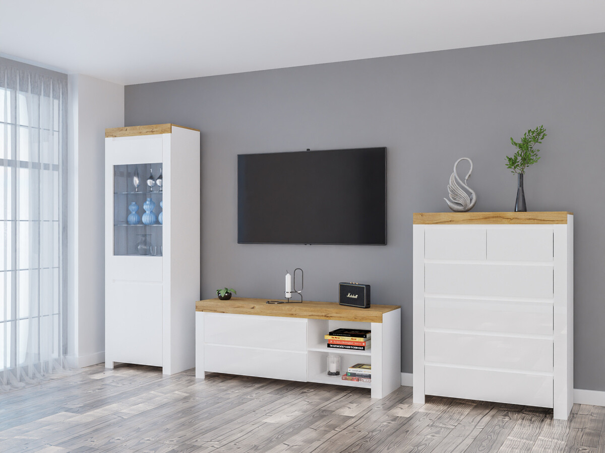 Set de living Sonsoru 149 (Alb + Alb lucios + Stejar Wotan)