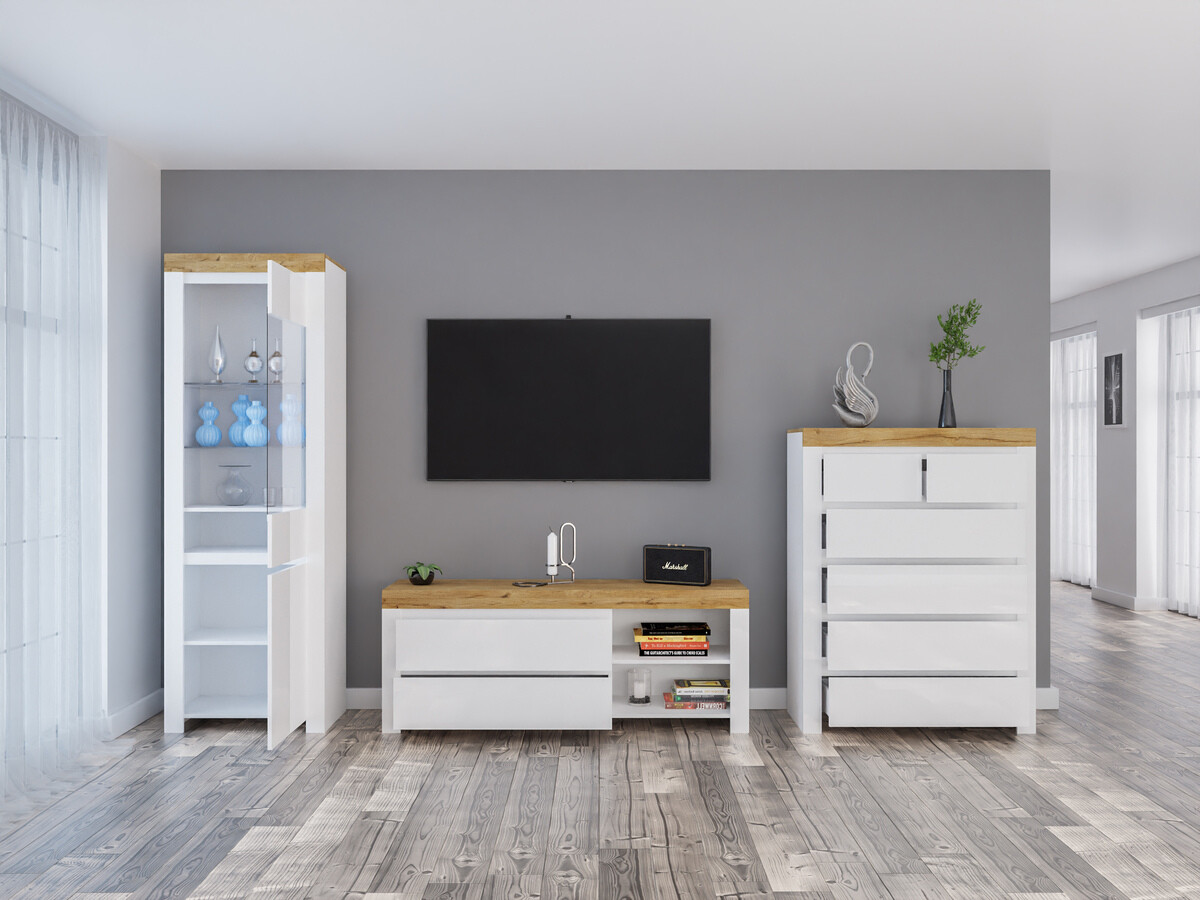 Set de living Sonsoru 149 (Alb + Alb lucios + Stejar Wotan)