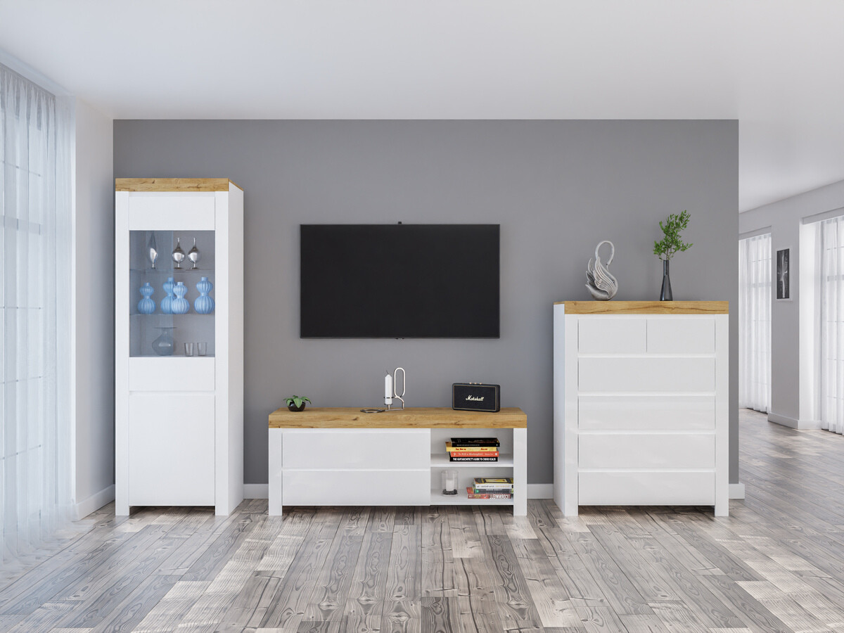 Set de living Sonsoru 149 (Alb + Alb lucios + Stejar Wotan)