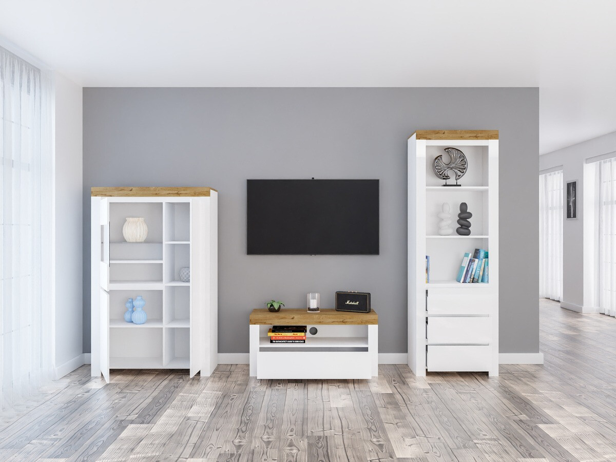 Set de living Sonsoru 146 (Alb + Alb lucios + Stejar Wotan)