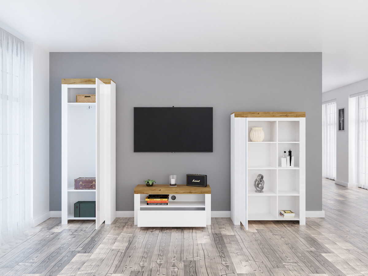 Set de living Sonsoru 147 (Alb + Alb lucios + Stejar Wotan)