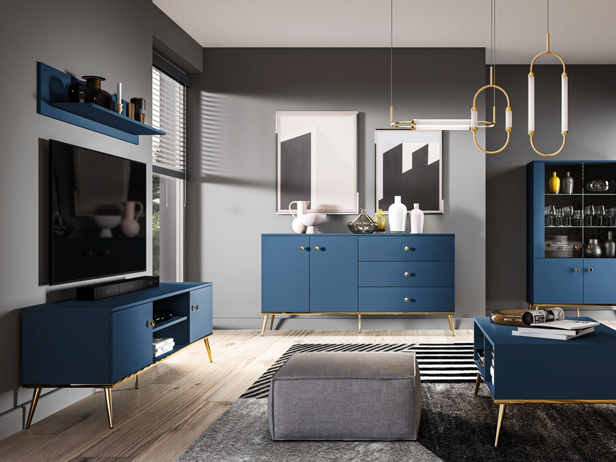 Comodă Flonovu 102 (Albastru inchis + Auriu)