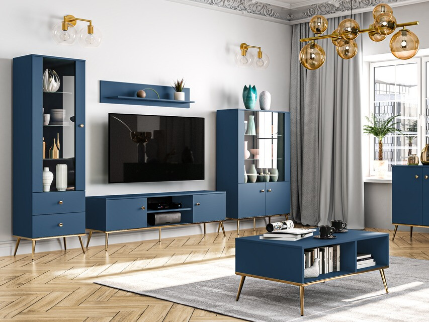 Comodă TV Flonovu 104 (Albastru inchis + Auriu)