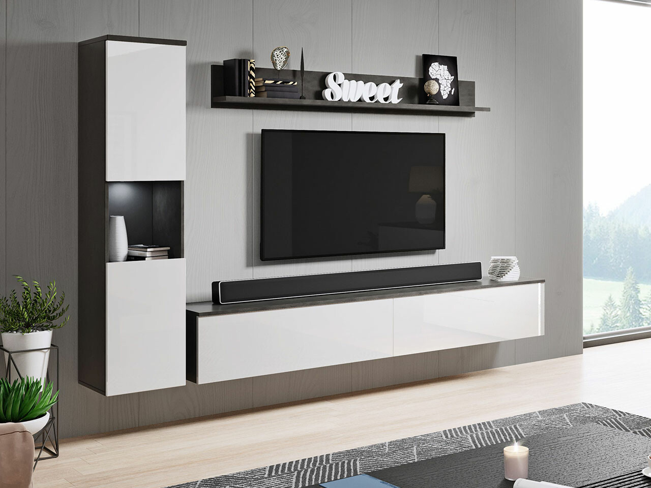 Set de living Sarasota 130 (Gri inchis + Alb lucios)