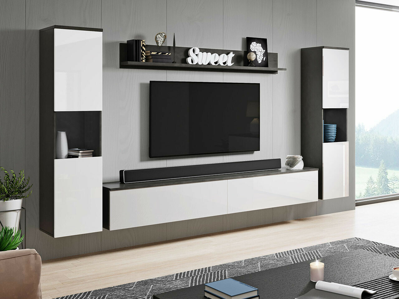 Set de living Sarasota 131 (Gri inchis + Alb lucios)
