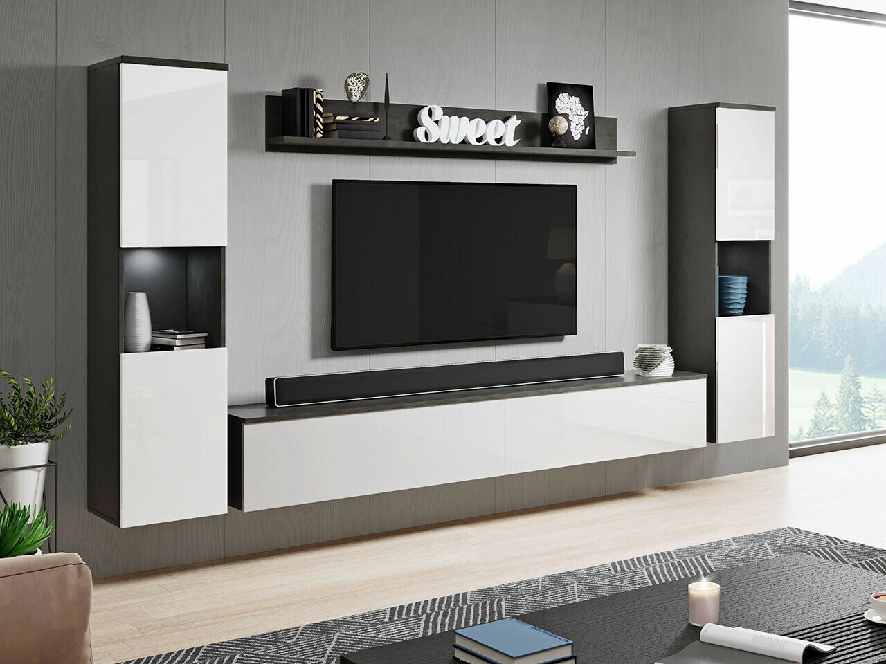 Set de living Sarasota 131 (Gri inchis + Alb lucios)