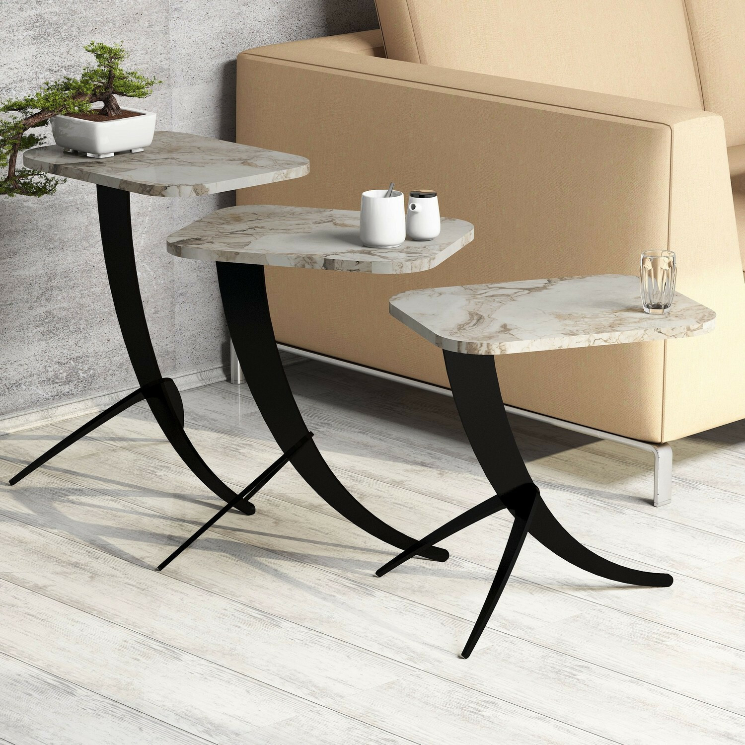 Set măsuțe laterale Kailua 1622 (Marmură albă + Negru)