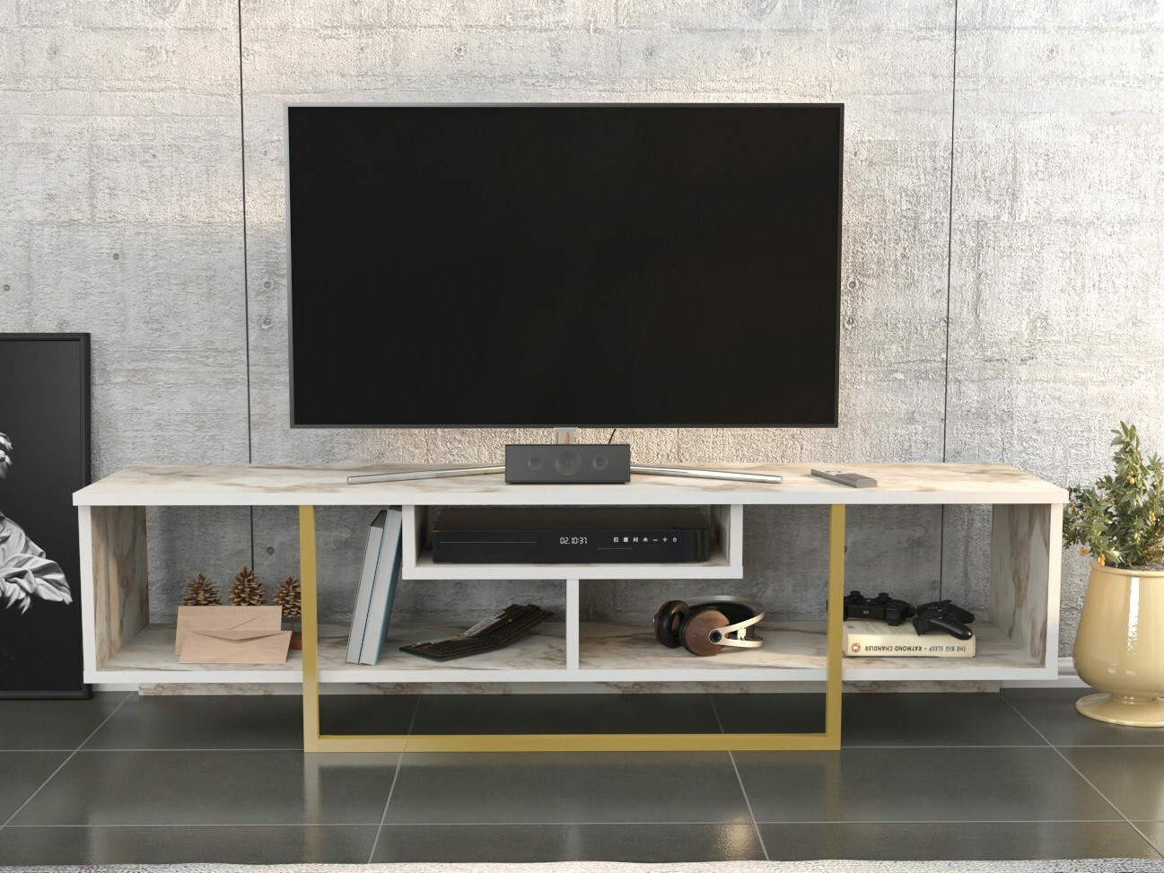 Comodă TV Kailua 245 (Marmură albă + Auriu)
