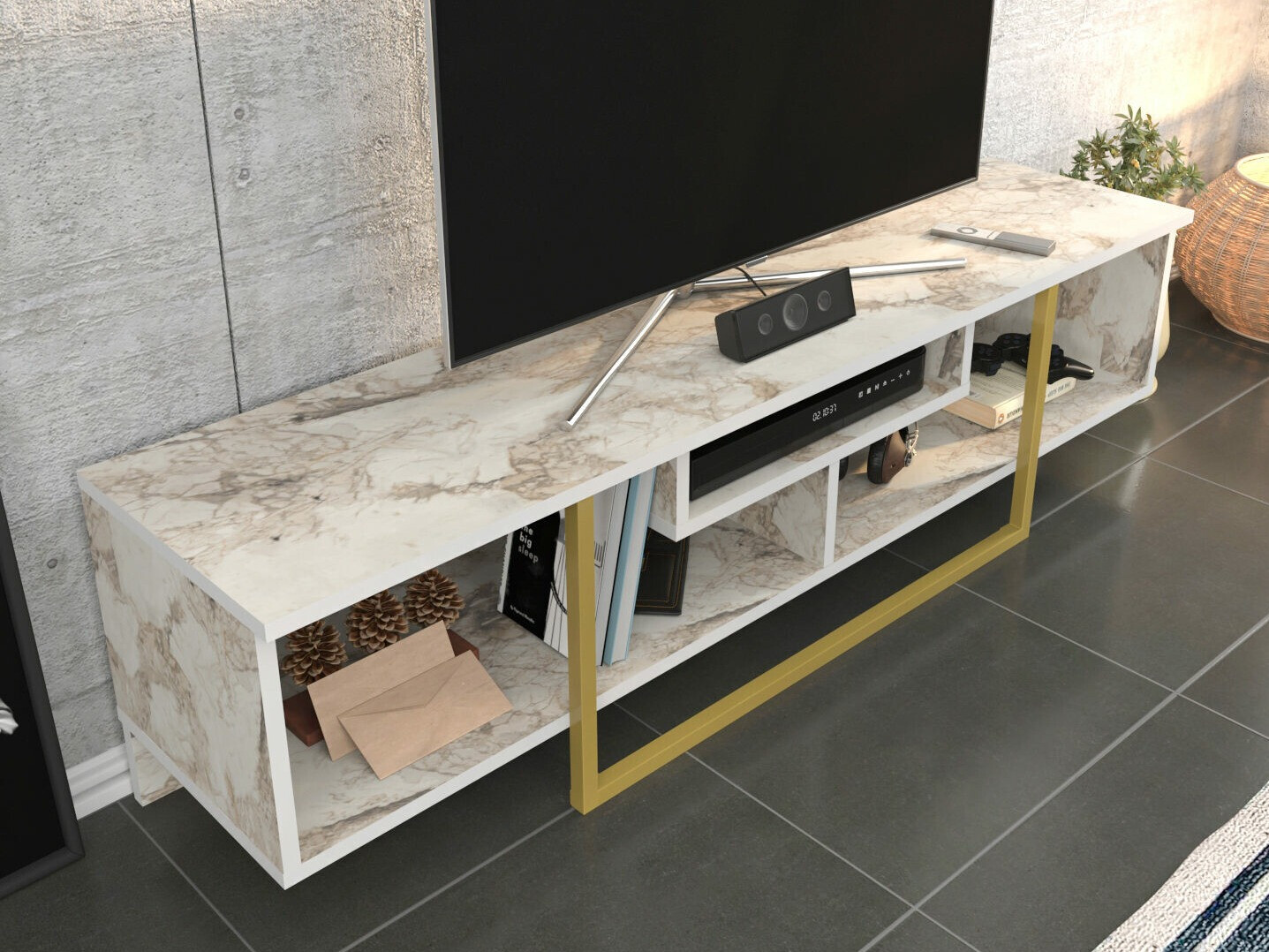 Comodă TV Kailua 245 (Marmură albă + Auriu)