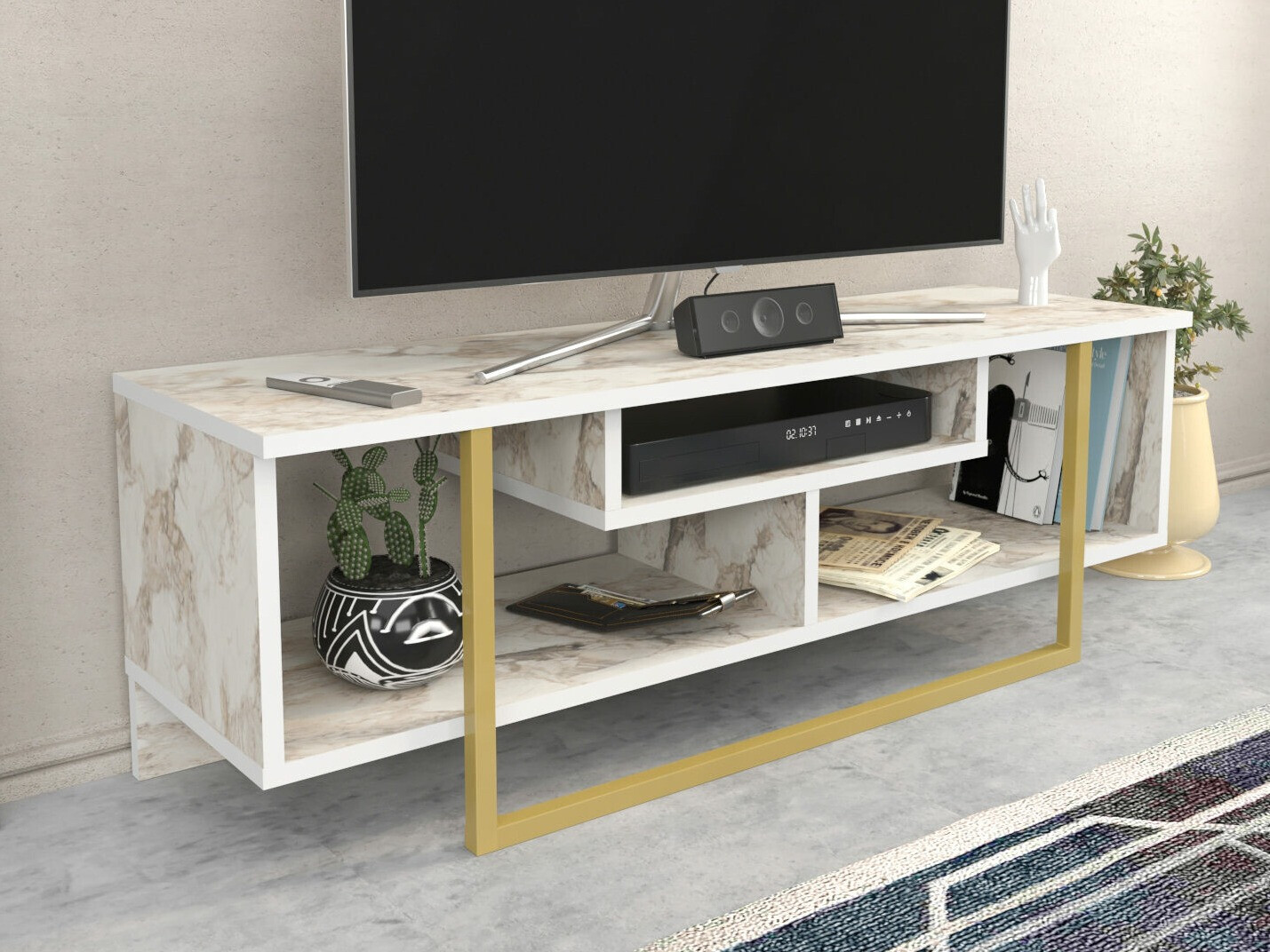 Comodă TV Kailua 246 (Marmură albă + Auriu)