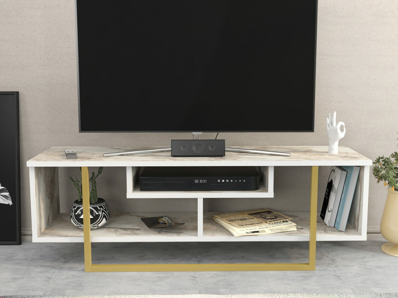 Comodă TV Kailua 246 (Marmură albă + Auriu)