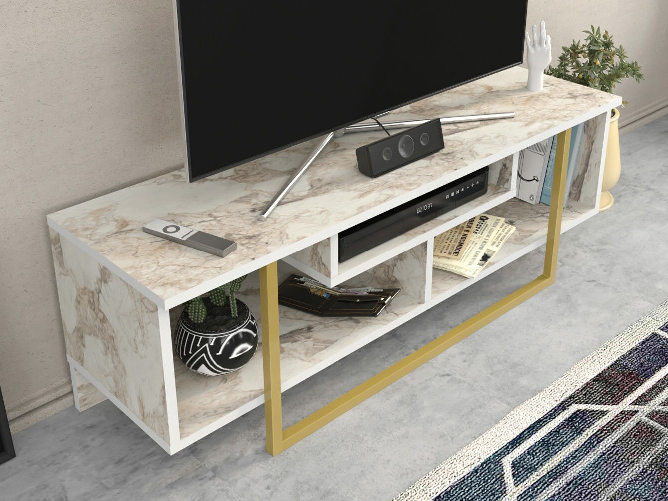Comodă TV Kailua 246 (Marmură albă + Auriu)