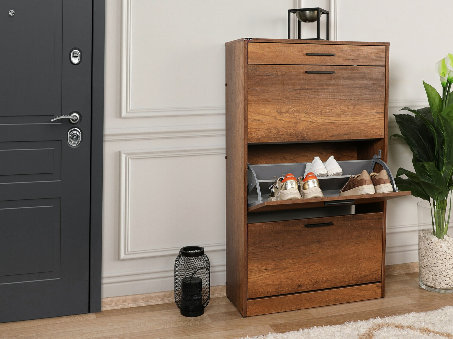 Dulap pentru pantofi Kailua 1033 (Negru + Nuc)
