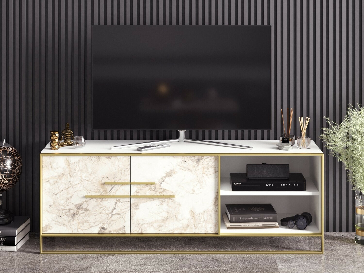 Comodă TV Kailua 1169 (Auriu + Marmură albă)