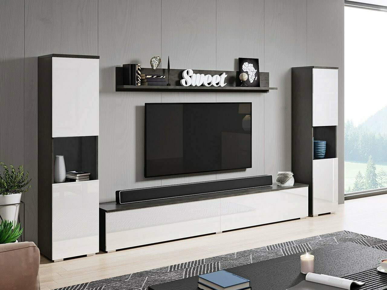 Set de living Sarasota 131 (Gri inchis + Alb lucios)
