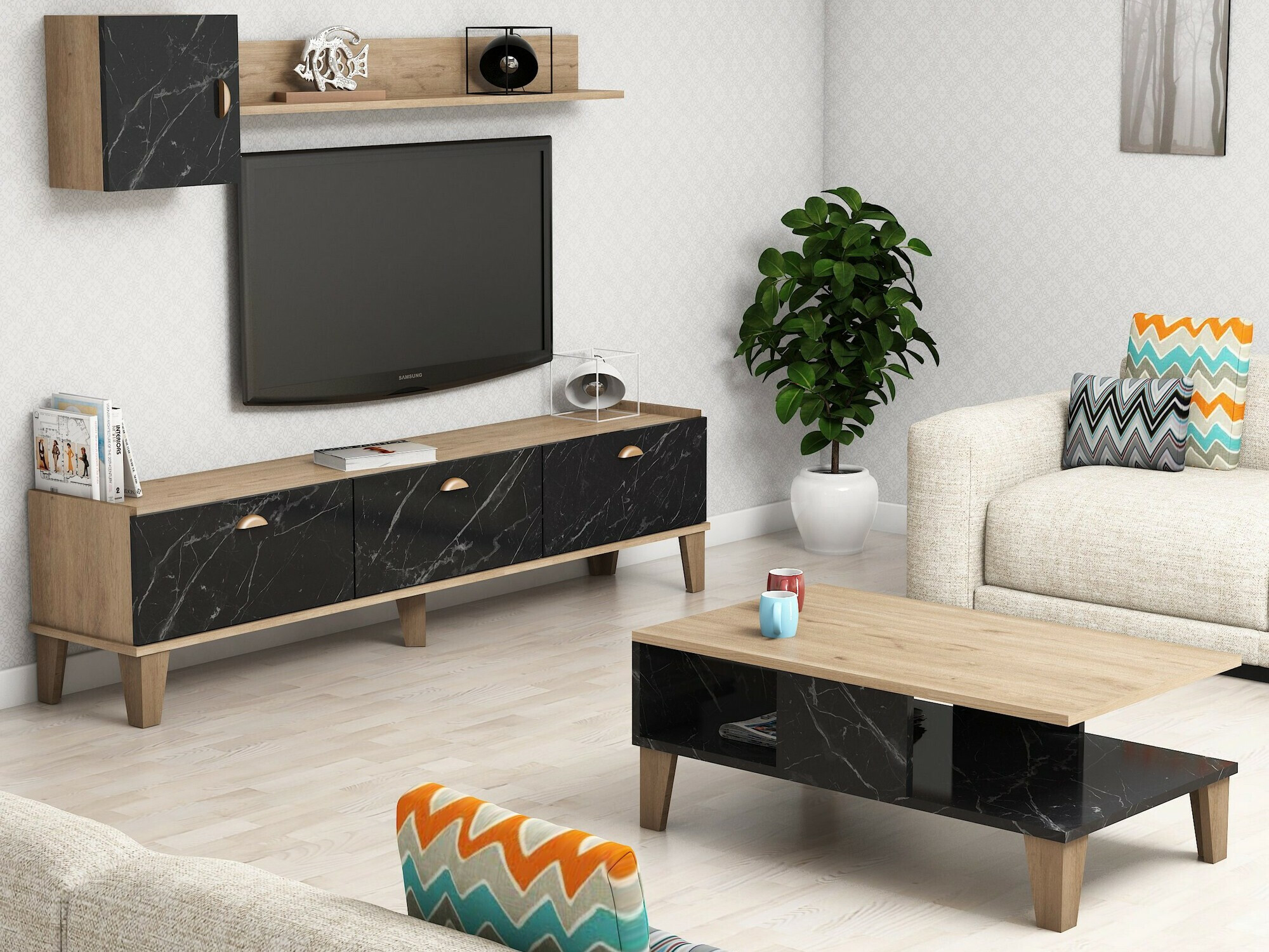 Set de living Kailua 723 (Stejar + Marmură neagră)