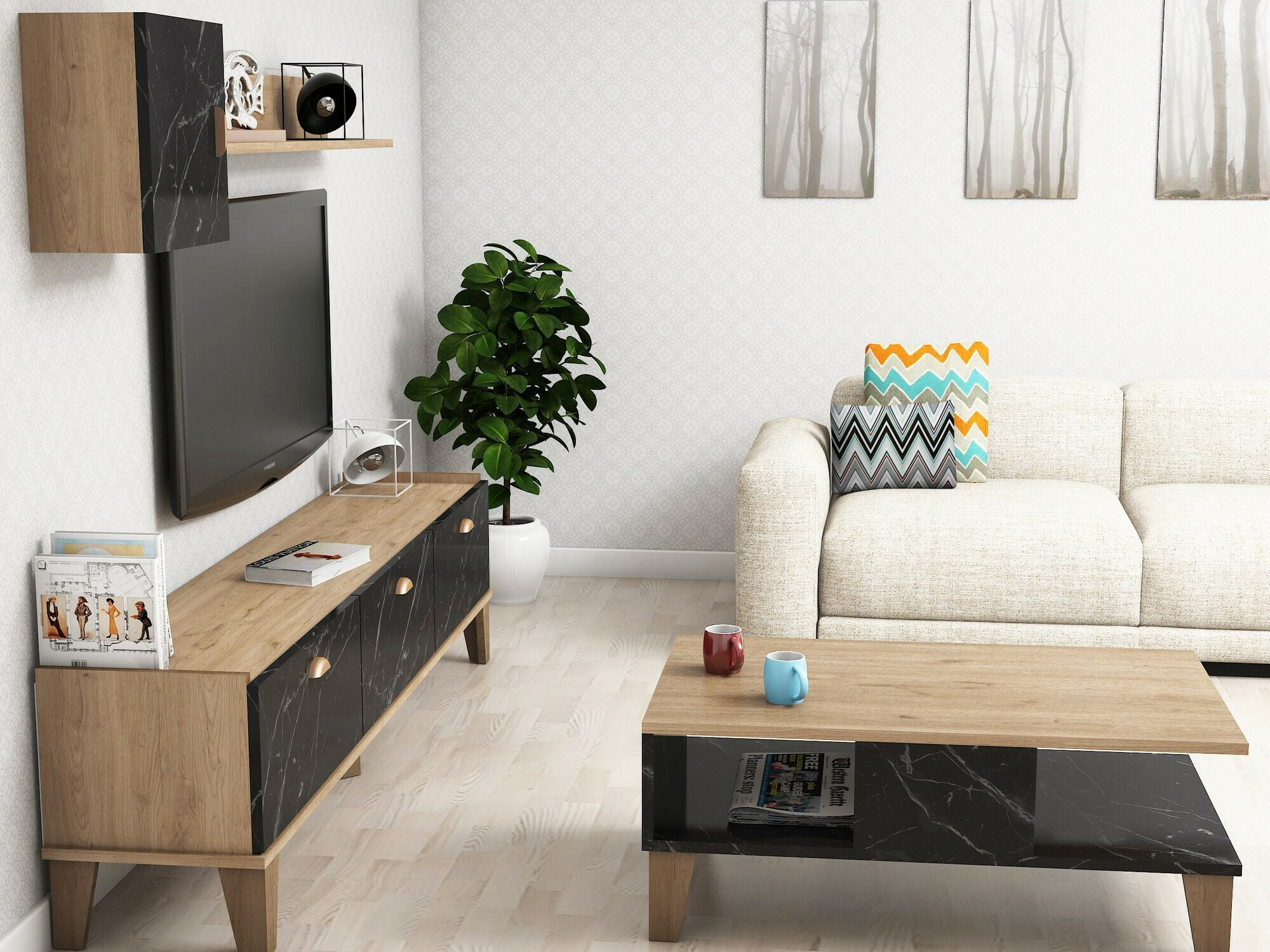 Set de living Kailua 723 (Stejar + Marmură neagră)