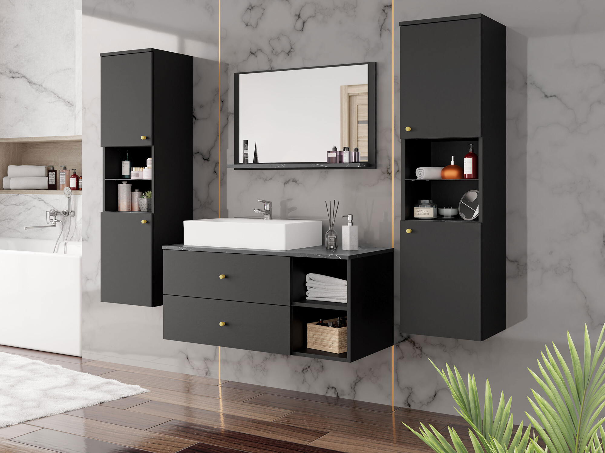 Set baie Salus III (Negru + Marmură neagră)