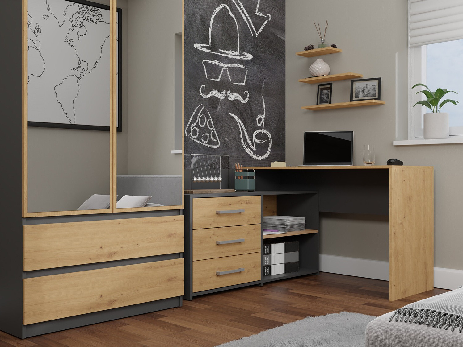 Birou de colt Mandeville 131 (Antracit + Stejar artizan)