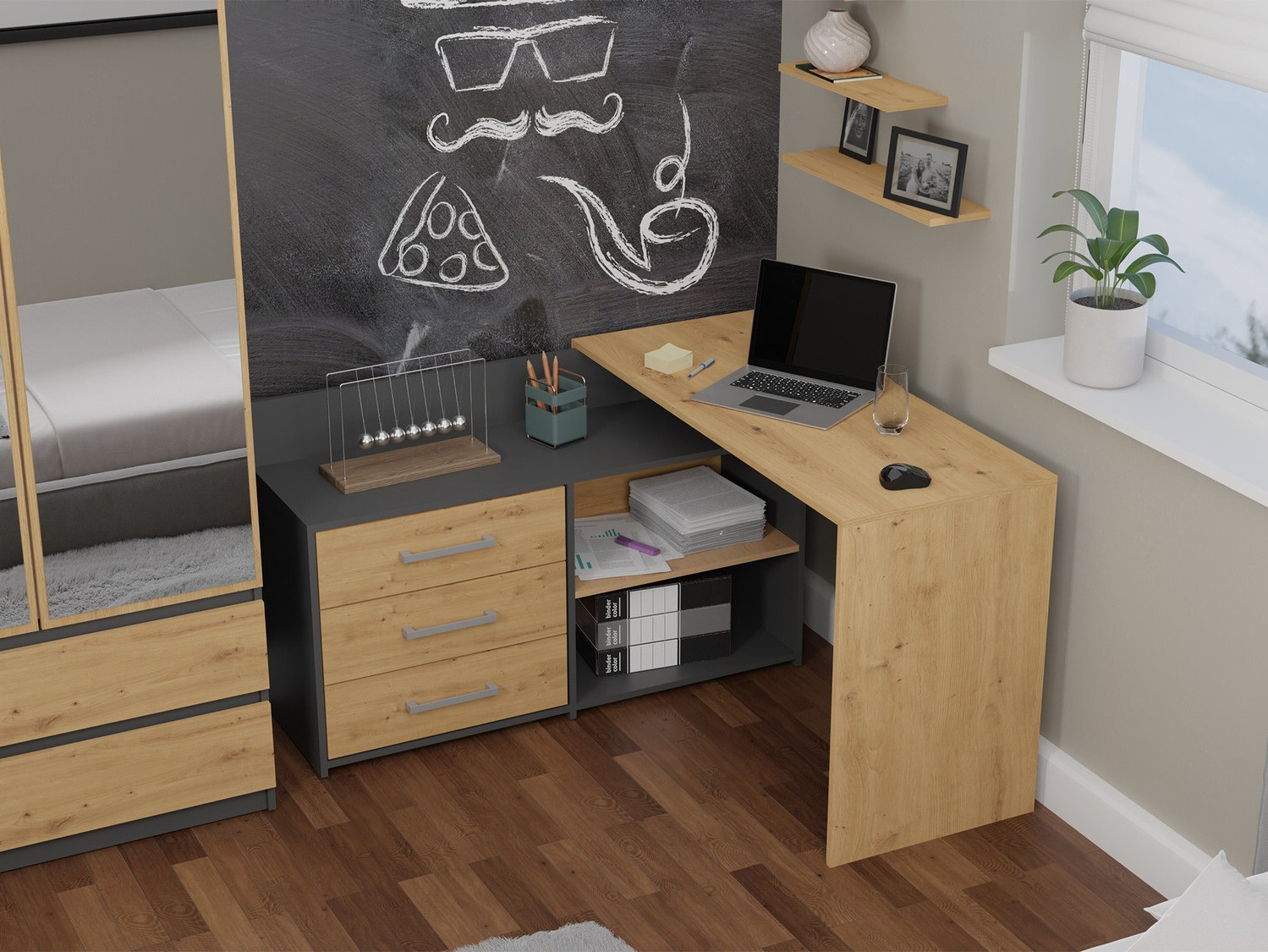 Birou de colt Mandeville 131 (Antracit + Stejar artizan)