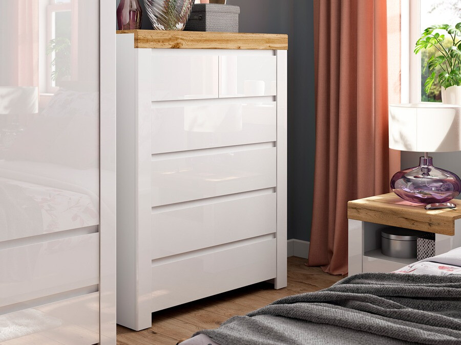 Comodă Sonsoru 114 (Alb + Alb lucios + Stejar Wotan)