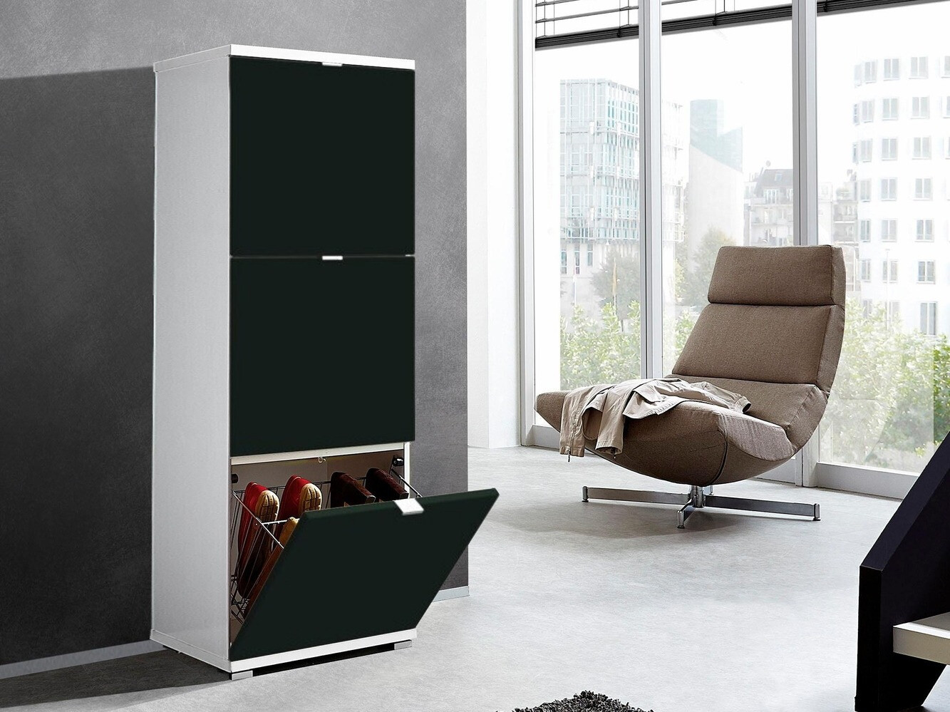 Dulap pantofi Veltena 106 (Alb lucios + Negru)