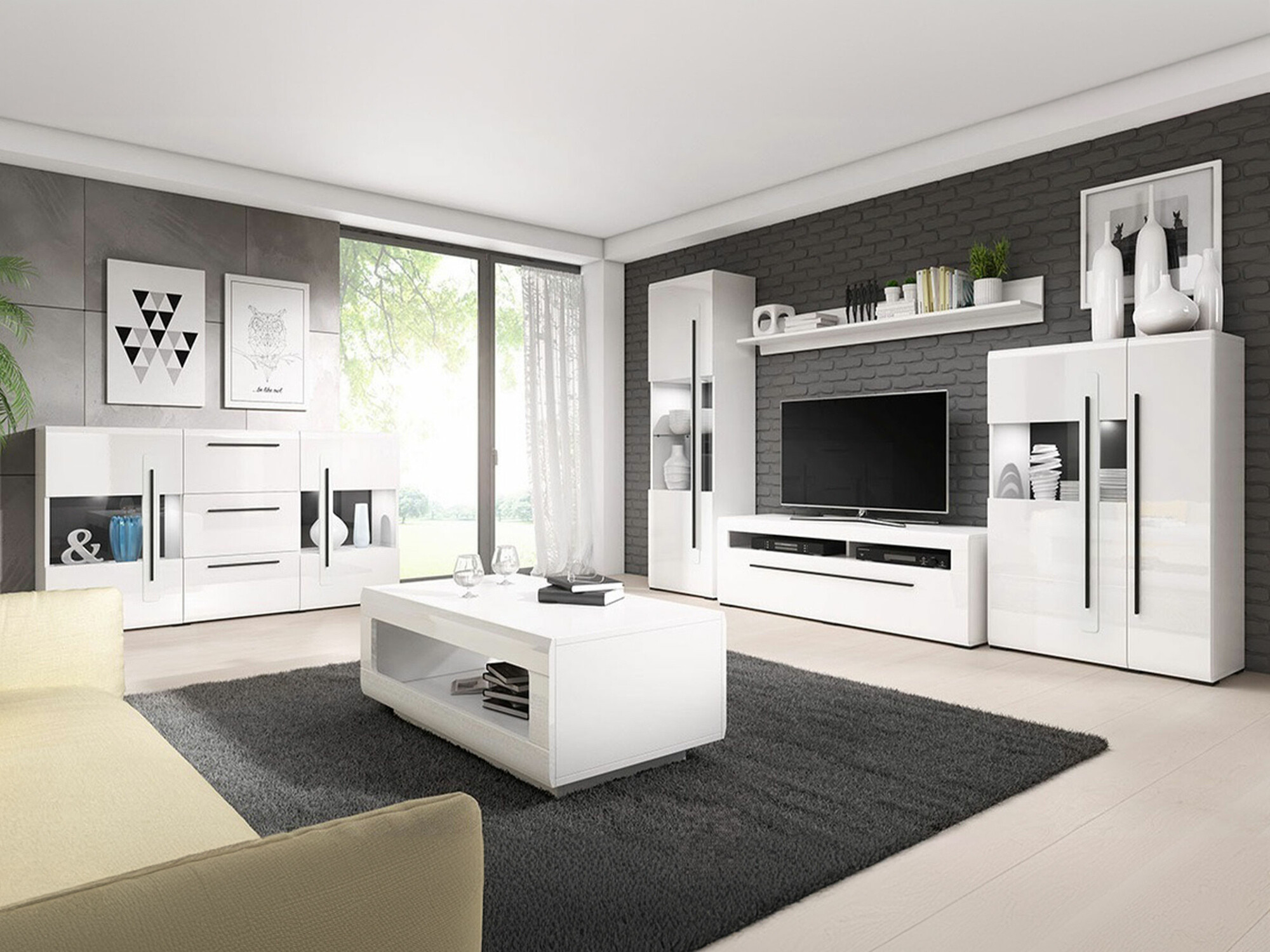 Set de living Ophsalu 112 (Alb + Alb lucios)