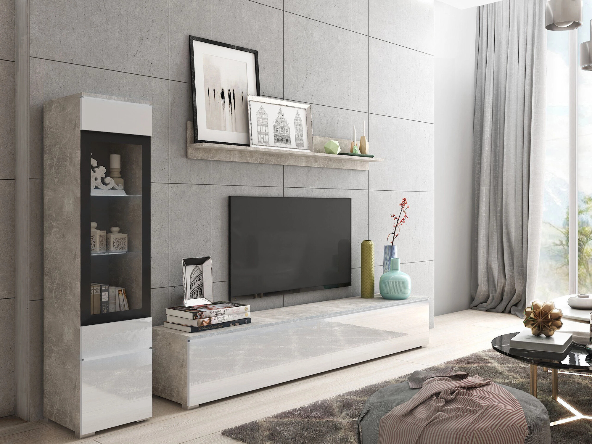Set de living Mirfivo 100 (Beton + Alb lucios)