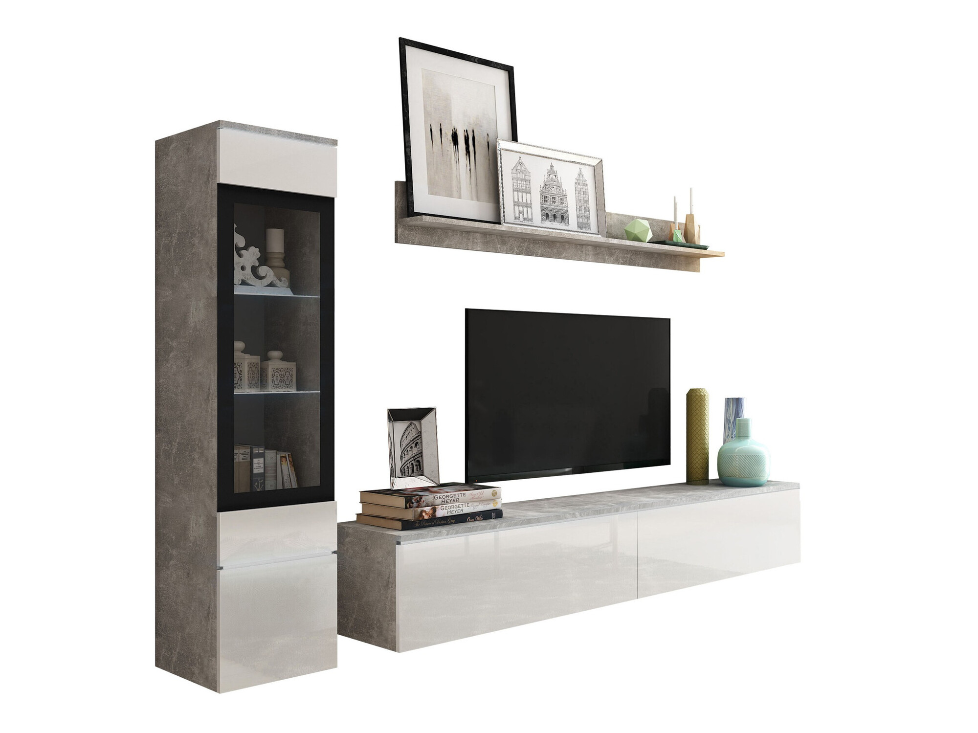 Set de living Mirfivo 100 (Beton + Alb lucios)